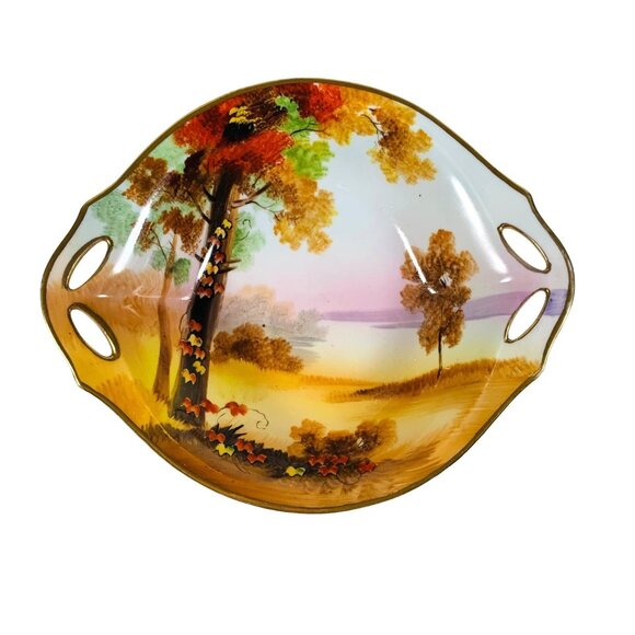 Antique Nippon Autumn Pierced Bowl Decorative Fall Foliage Hand Painted Dish - Picture 1 of 11